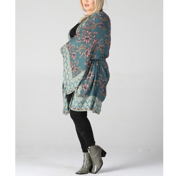 Plus Size Boho Gypsy Floral Wide Sleeve Kimono Cardigan Duster - Picture 3 of 4